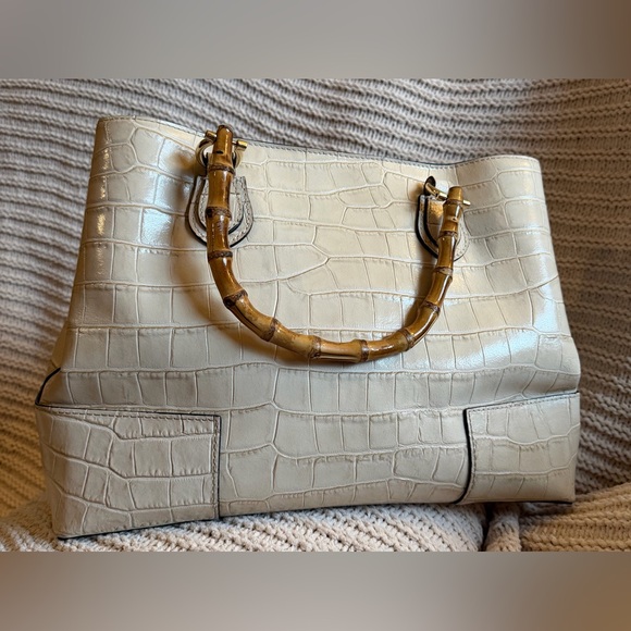 Elegant Pratesi Firenze Sarteano Bamboo Handle Cream Croc Embossed Leather - Picture 3 of 16